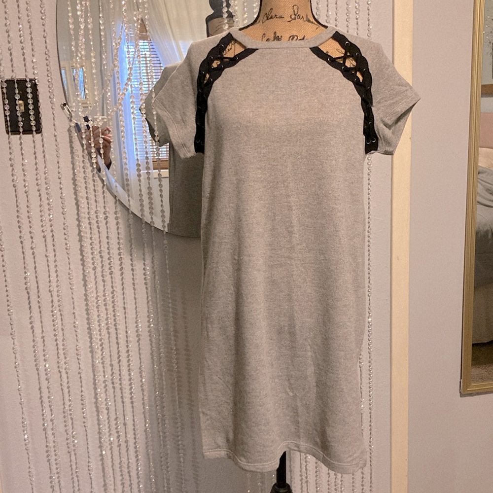 Gray Sweatshirt Dress with Black Lace-Up Detail